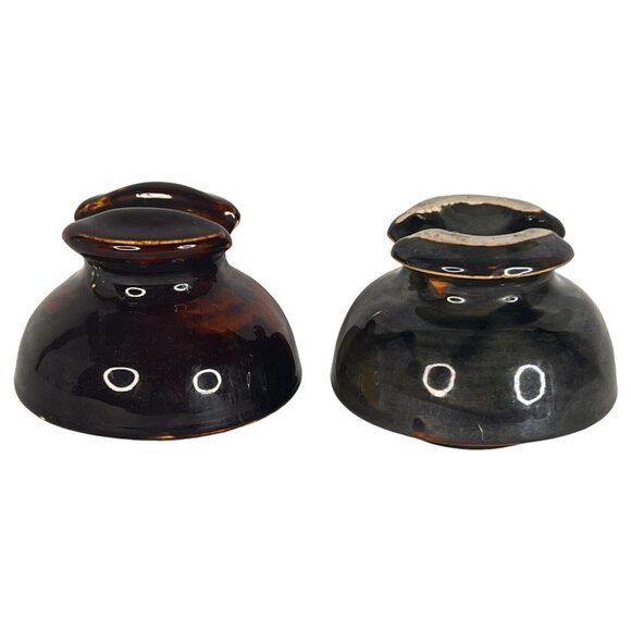 2 Ceramic Insulator Saddle Top Gray Brown Black Drip Glaze B Telephone Wire VTG - Picture 3 of 7